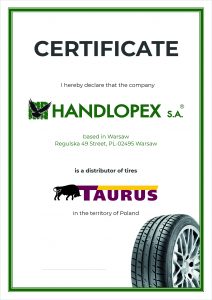 Handlopex Taurus Certifikát